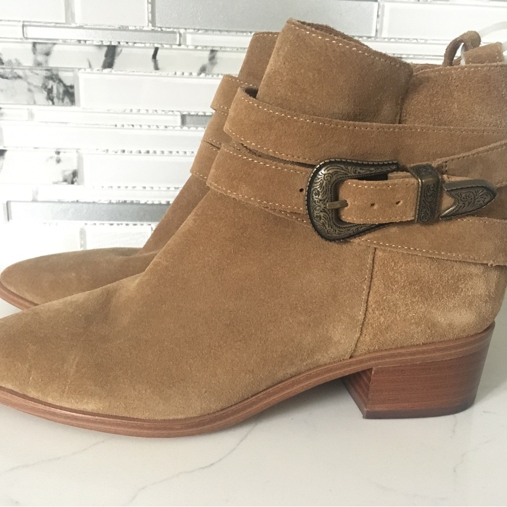 Marc Fisher Cognac Suede Ankle Booties with Western Buckle